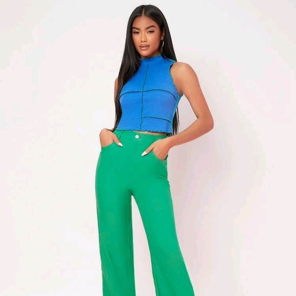 New Blue & Green Mock Neck Lettuce Trim Seam Front Tank Top XL - Picture 3 of 7